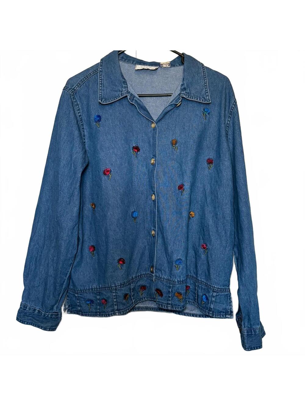 Embellished Floral Denim Shirt Vintage Cotton Size Large Lemongrass